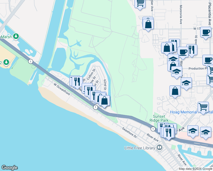 map of restaurants, bars, coffee shops, grocery stores, and more near 354 62nd Street in Newport Beach