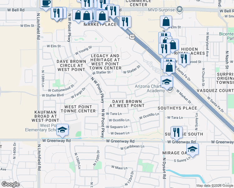 map of restaurants, bars, coffee shops, grocery stores, and more near 13400 West Rimrock Street in Surprise