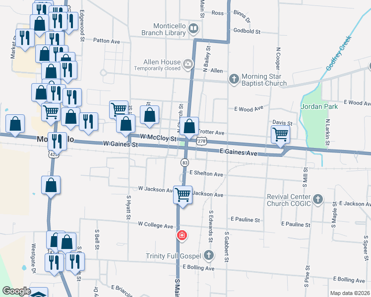 map of restaurants, bars, coffee shops, grocery stores, and more near in Monticello