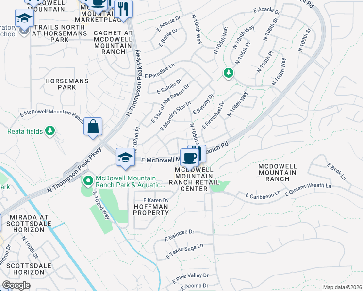 map of restaurants, bars, coffee shops, grocery stores, and more near 15669 North 104th Street in Scottsdale