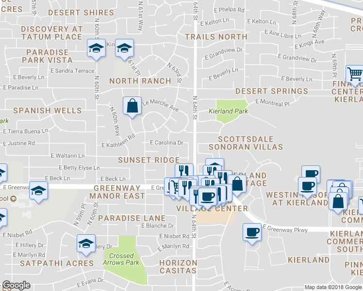 map of restaurants, bars, coffee shops, grocery stores, and more near 15633 North 63rd Way in Scottsdale