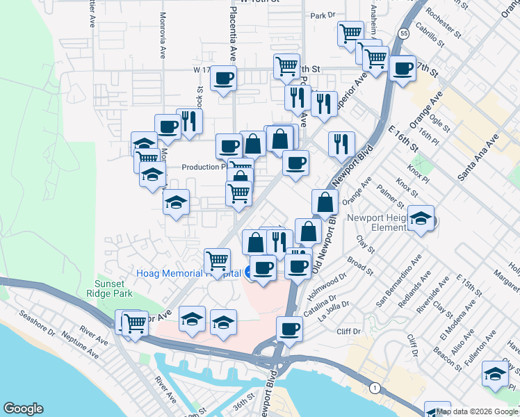 map of restaurants, bars, coffee shops, grocery stores, and more near 4300 Hilaria Way in Newport Beach
