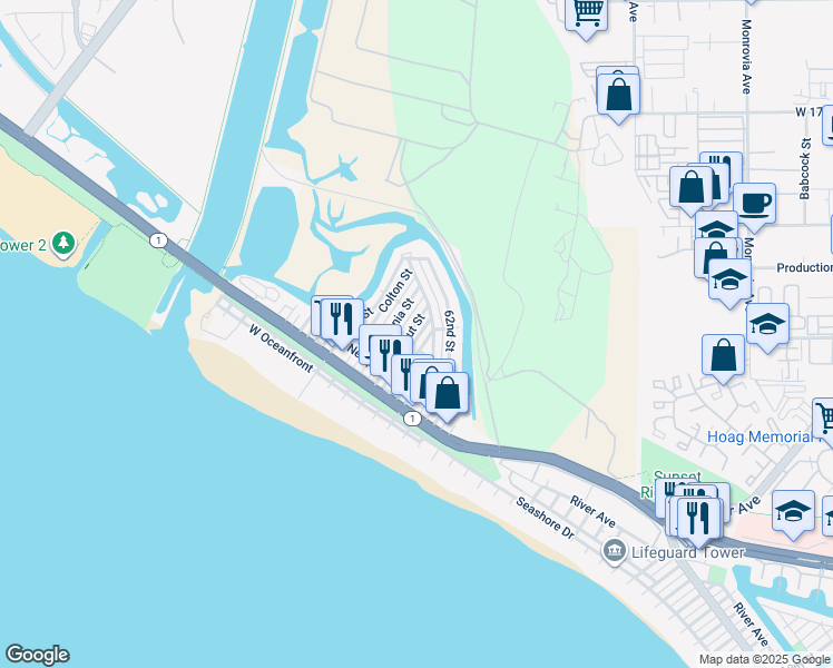 map of restaurants, bars, coffee shops, grocery stores, and more near 254 Walnut Street in Newport Beach