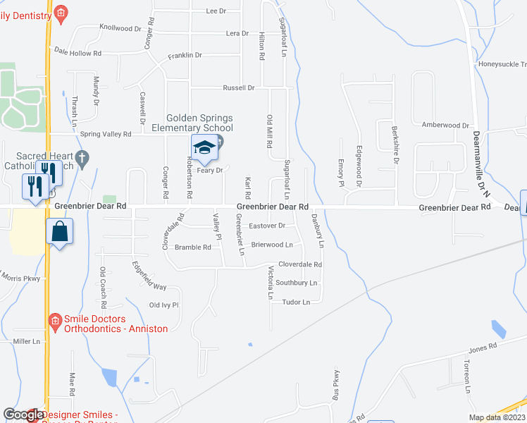 map of restaurants, bars, coffee shops, grocery stores, and more near 4116 Greenbrier Dear Road in Anniston