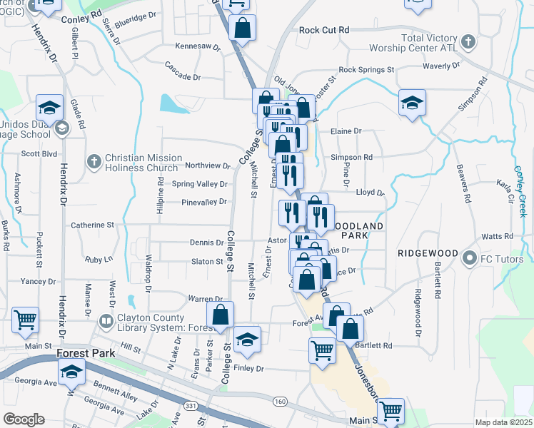 map of restaurants, bars, coffee shops, grocery stores, and more near 4609 Ernest Drive in Forest Park