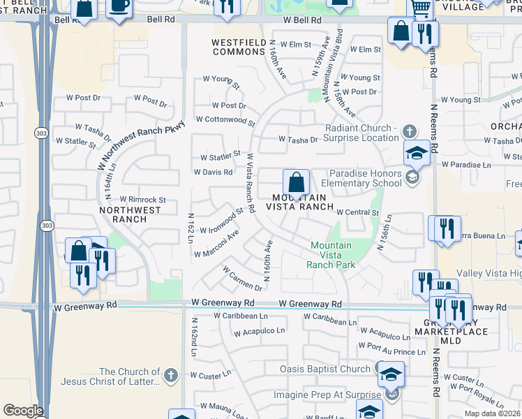 map of restaurants, bars, coffee shops, grocery stores, and more near 15942 West Marconi Avenue in Surprise
