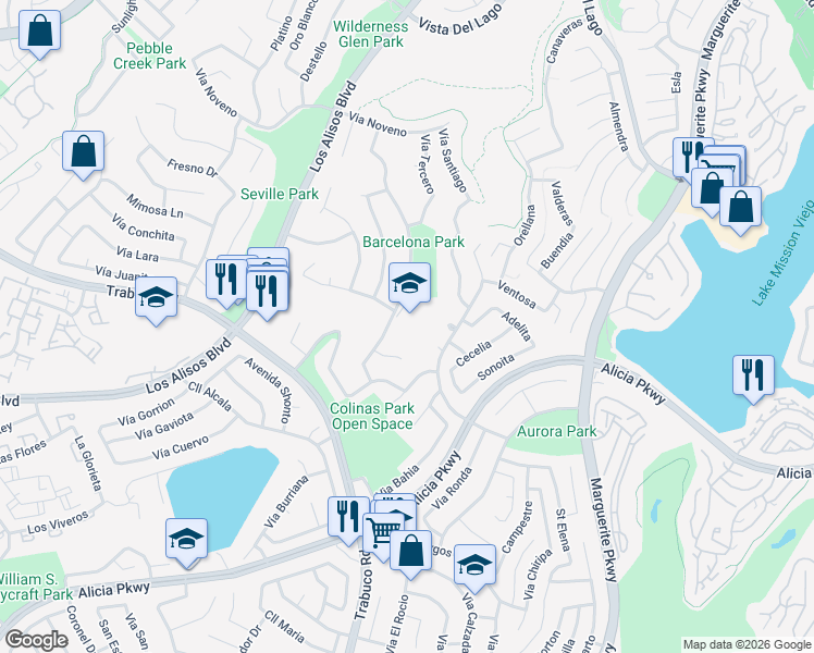map of restaurants, bars, coffee shops, grocery stores, and more near 23000 Vía Santa Maria in Mission Viejo