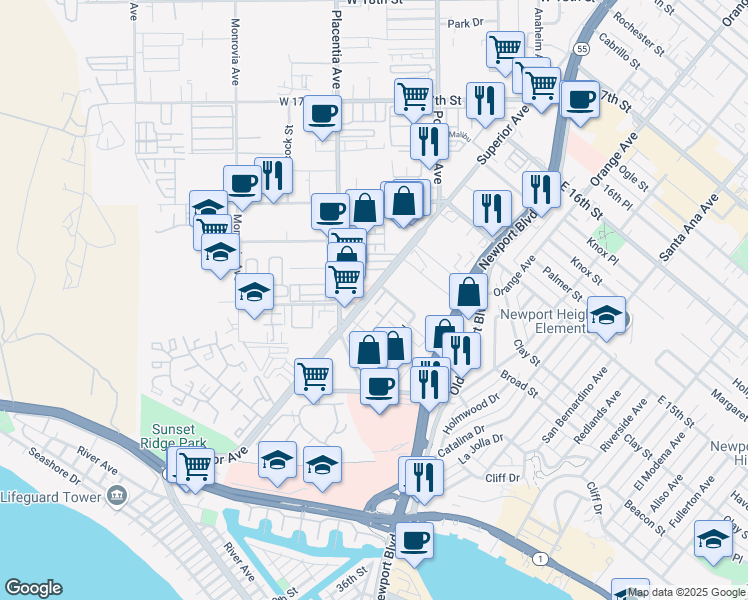 map of restaurants, bars, coffee shops, grocery stores, and more near 4300 Hilaria Way in Newport Beach