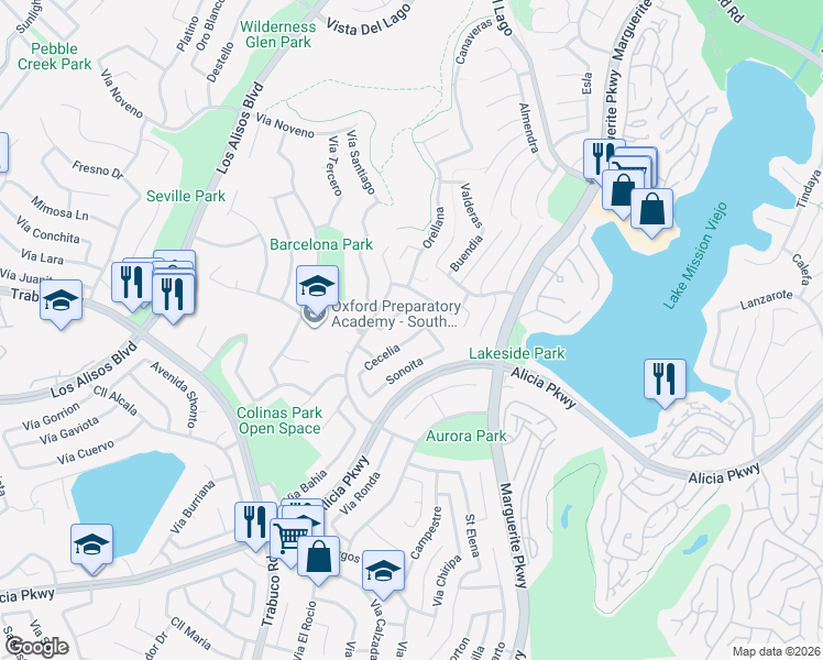 map of restaurants, bars, coffee shops, grocery stores, and more near 22981 Cecelia in Mission Viejo