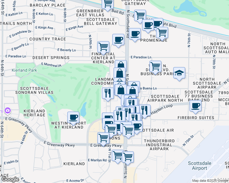 map of restaurants, bars, coffee shops, grocery stores, and more near 15615-15799 North 71st Street in Scottsdale