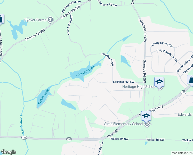 map of restaurants, bars, coffee shops, grocery stores, and more near 2329 Lochinver Lane Southwest in Conyers
