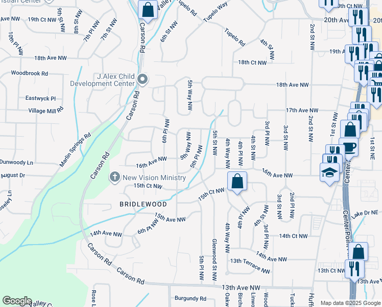 map of restaurants, bars, coffee shops, grocery stores, and more near 1613 5th Way Northwest in Center Point