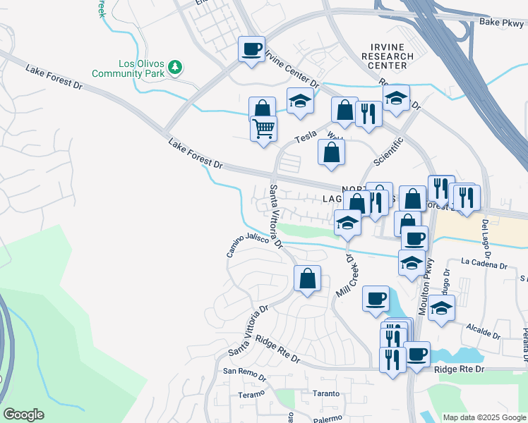 map of restaurants, bars, coffee shops, grocery stores, and more near 22321 Caminito Olivia in Laguna Hills