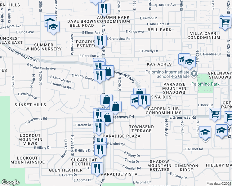 map of restaurants, bars, coffee shops, grocery stores, and more near 2439 East Waltann Lane in Phoenix