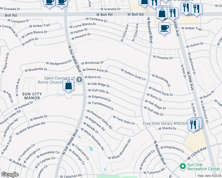 map of restaurants, bars, coffee shops, grocery stores, and more near 10402 West Gulf Hills Drive in Sun City