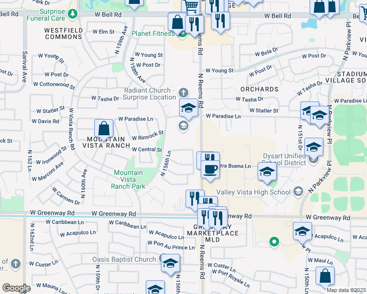 map of restaurants, bars, coffee shops, grocery stores, and more near 15818 North 155th Drive in Surprise