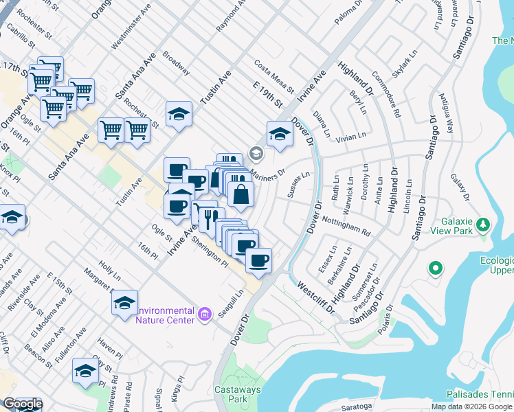 map of restaurants, bars, coffee shops, grocery stores, and more near 1200 Rutland Road in Newport Beach