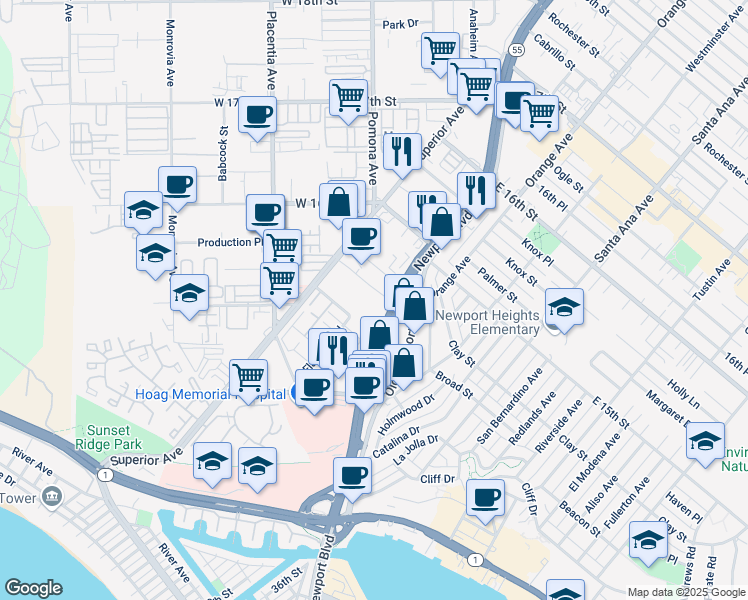 map of restaurants, bars, coffee shops, grocery stores, and more near 520 Superior Avenue in Newport Beach