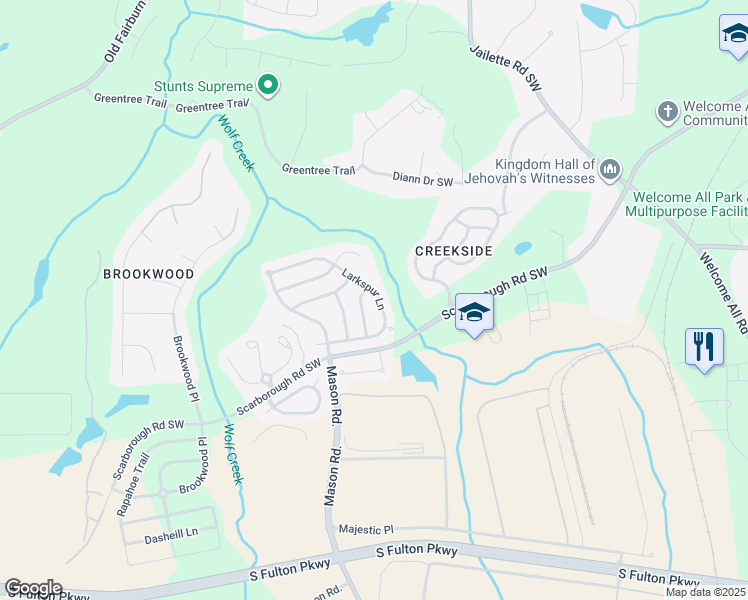 map of restaurants, bars, coffee shops, grocery stores, and more near 4935 Larkspur Lane in College Park
