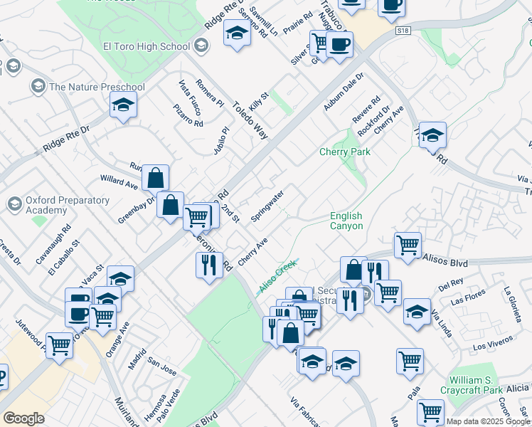map of restaurants, bars, coffee shops, grocery stores, and more near 22962 Springwater in Lake Forest