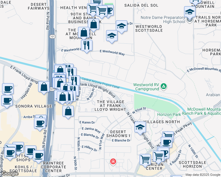 map of restaurants, bars, coffee shops, grocery stores, and more near 5 North Frank Lloyd Wright Boulevard in Scottsdale