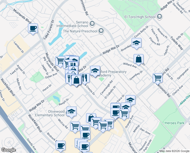 map of restaurants, bars, coffee shops, grocery stores, and more near 22882 Loumont Drive in Lake Forest