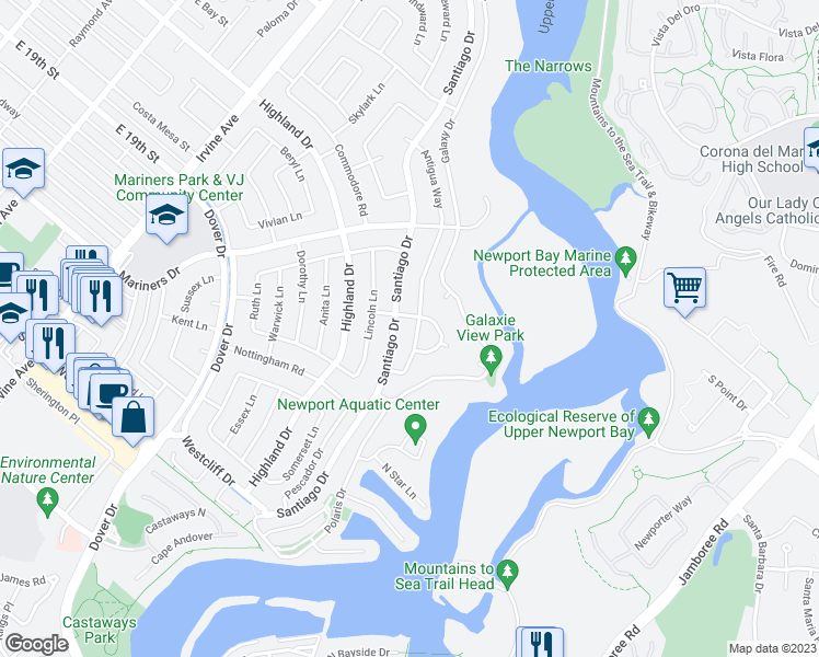 map of restaurants, bars, coffee shops, grocery stores, and more near 1331 Antigua Way in Newport Beach