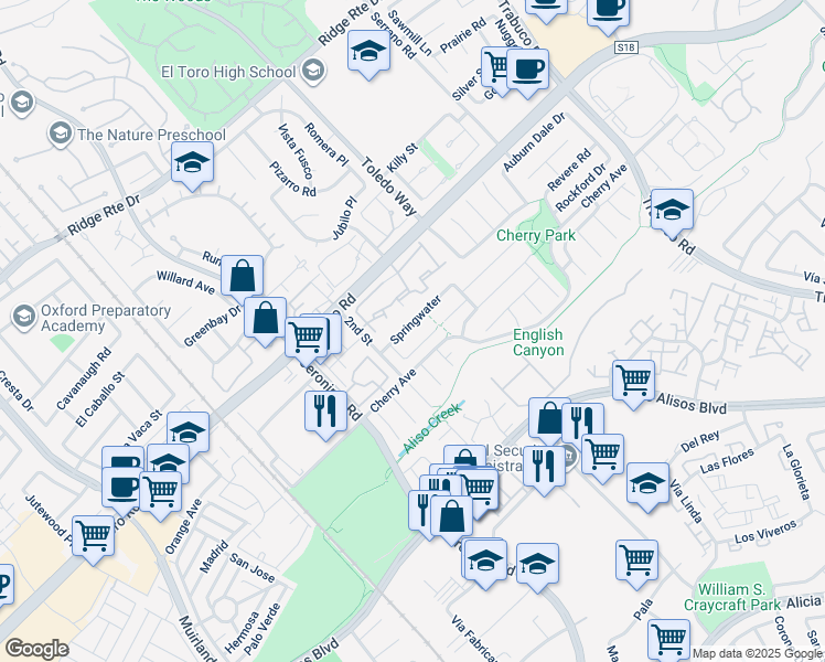 map of restaurants, bars, coffee shops, grocery stores, and more near 22962 Springwater in Lake Forest