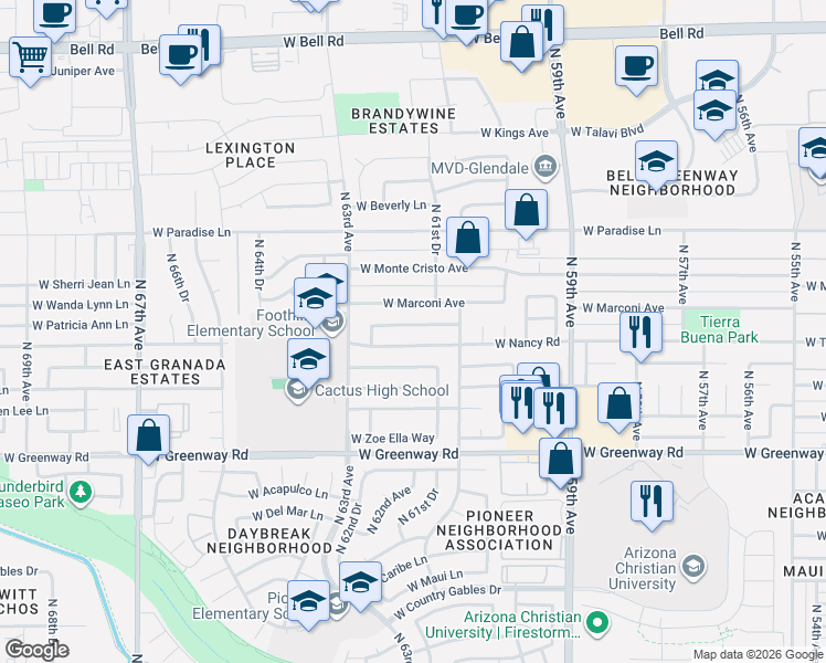 map of restaurants, bars, coffee shops, grocery stores, and more near 6205 West Nancy Road in Glendale
