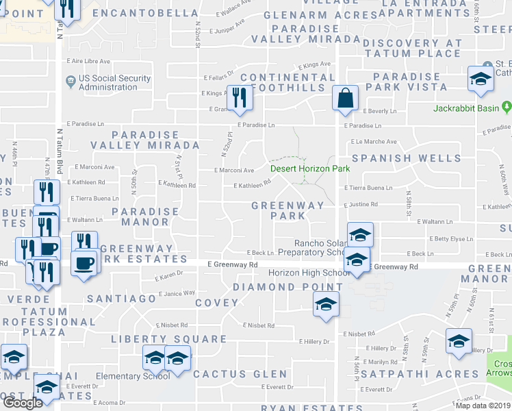 map of restaurants, bars, coffee shops, grocery stores, and more near 5250 East Carolina Drive in Scottsdale