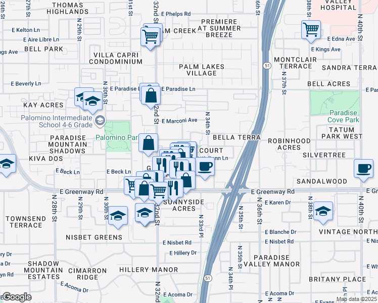 map of restaurants, bars, coffee shops, grocery stores, and more near 3305 East Waltann Lane in Phoenix