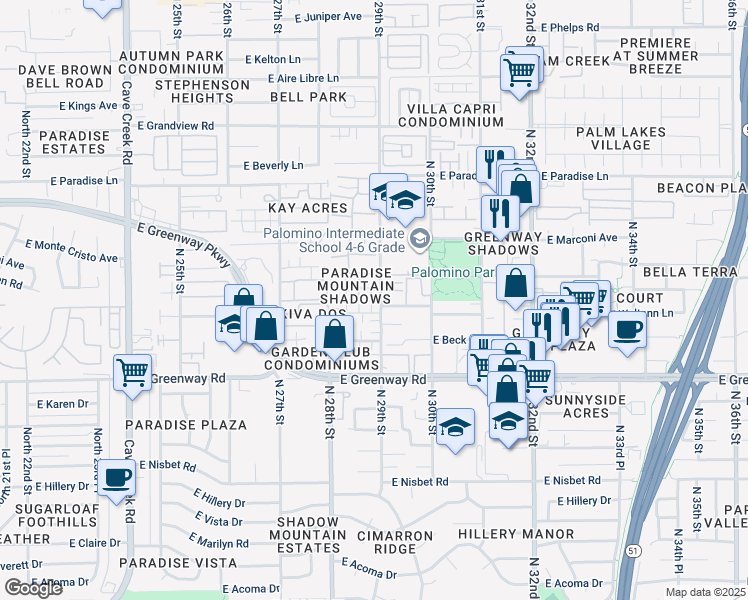 map of restaurants, bars, coffee shops, grocery stores, and more near 15610 North 29th Street in Phoenix