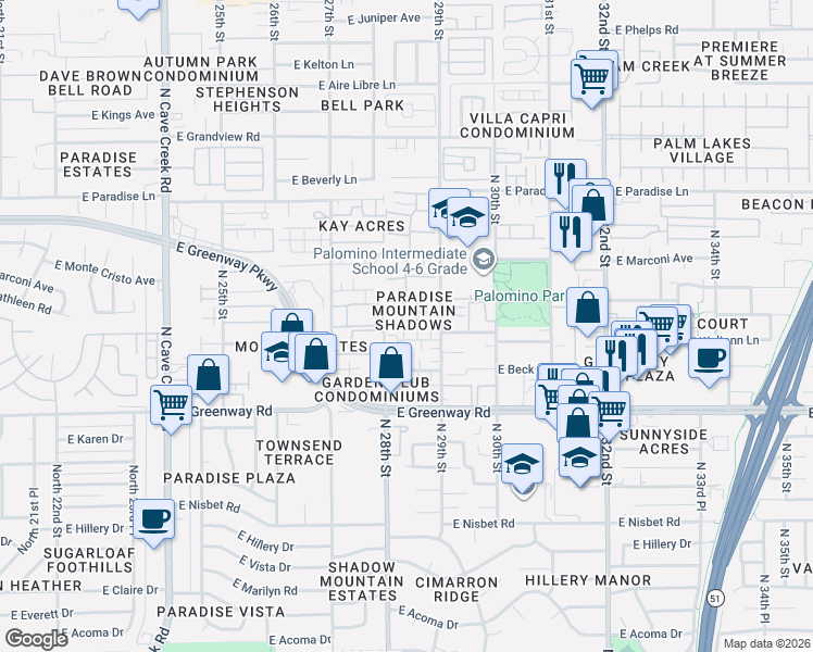 map of restaurants, bars, coffee shops, grocery stores, and more near 2827 East Waltann Lane in Phoenix