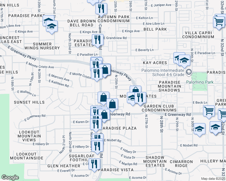 map of restaurants, bars, coffee shops, grocery stores, and more near 2439 East Waltann Lane in Phoenix