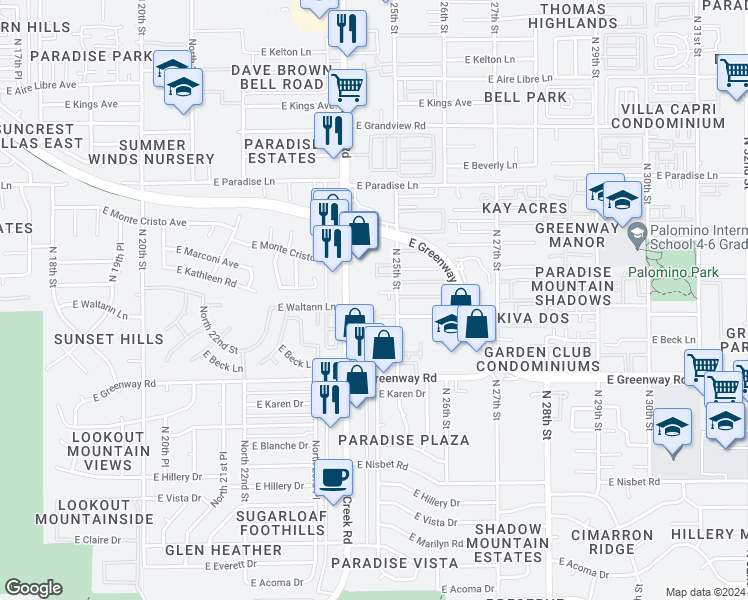 map of restaurants, bars, coffee shops, grocery stores, and more near 2439 East Waltann Lane in Phoenix