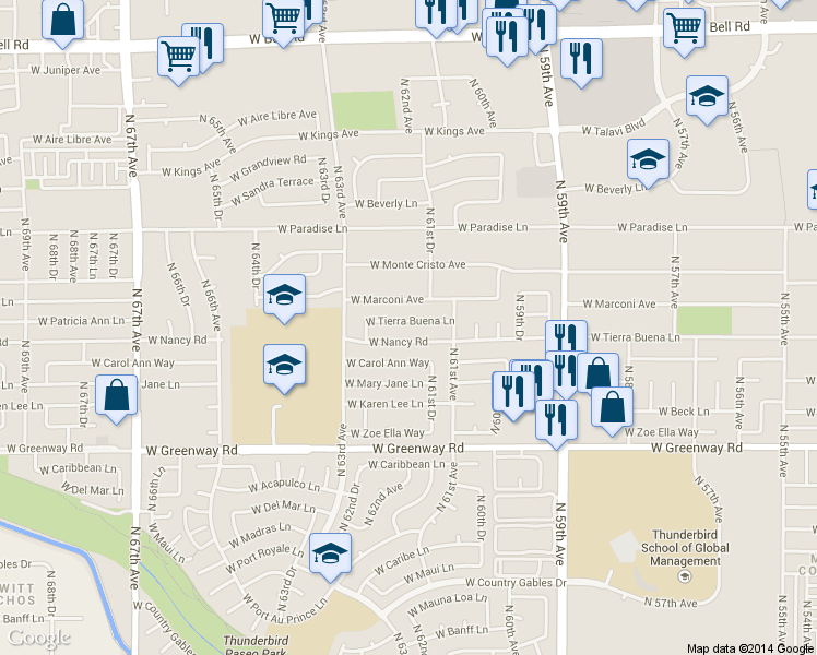 map of restaurants, bars, coffee shops, grocery stores, and more near 6205 West Nancy Road in Glendale