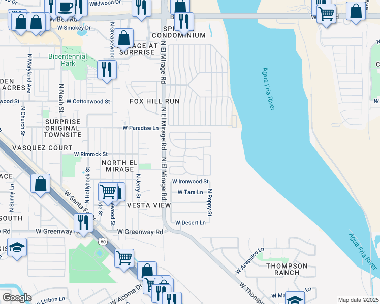 map of restaurants, bars, coffee shops, grocery stores, and more near 16101 North El Mirage Road in El Mirage
