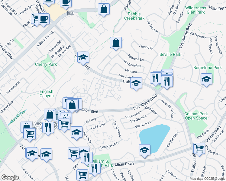 map of restaurants, bars, coffee shops, grocery stores, and more near 26322 Via Roble in Mission Viejo