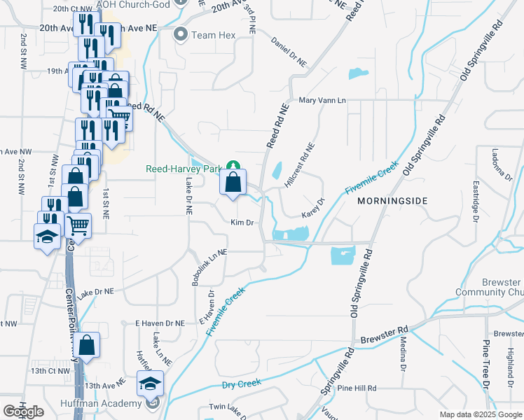 map of restaurants, bars, coffee shops, grocery stores, and more near 400 Kim Drive in Center Point