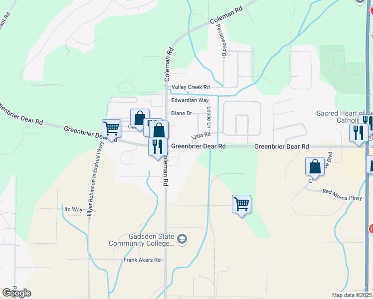 map of restaurants, bars, coffee shops, grocery stores, and more near 1700 Greenbrier Dear Road in Anniston