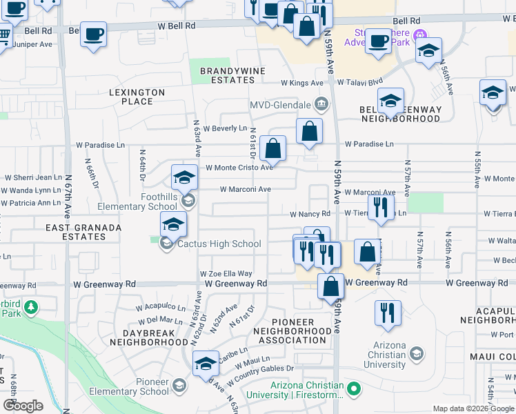 map of restaurants, bars, coffee shops, grocery stores, and more near 6119 West Nancy Road in Glendale