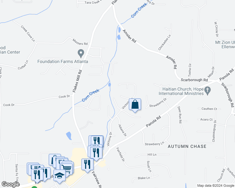 map of restaurants, bars, coffee shops, grocery stores, and more near 202 Holly Springs Court in Ellenwood