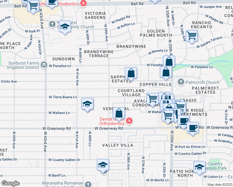 map of restaurants, bars, coffee shops, grocery stores, and more near 3827 West Tierra Buena Lane in Phoenix