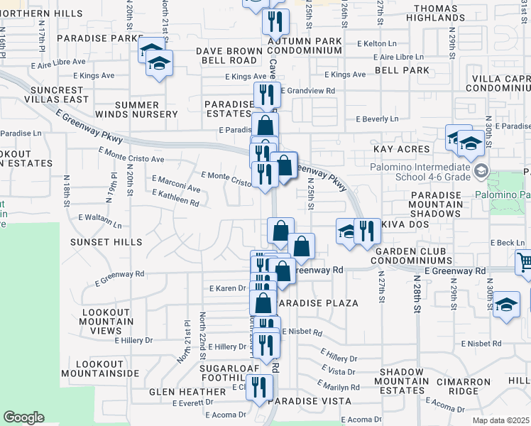 map of restaurants, bars, coffee shops, grocery stores, and more near 15616 North 23rd Place in Phoenix