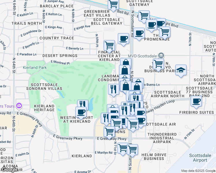map of restaurants, bars, coffee shops, grocery stores, and more near 15608 North 71st Street in Scottsdale