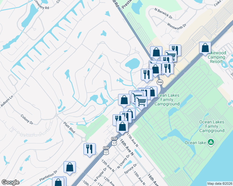 map of restaurants, bars, coffee shops, grocery stores, and more near 249 Pacific Commons Drive in Surfside Beach