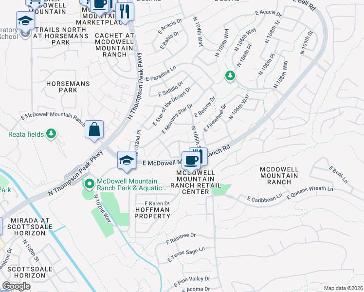 map of restaurants, bars, coffee shops, grocery stores, and more near 15669 North 104th Street in Scottsdale