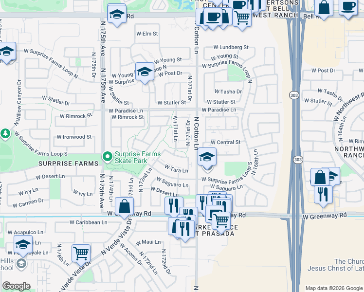 map of restaurants, bars, coffee shops, grocery stores, and more near 17118 West Central Street in Surprise