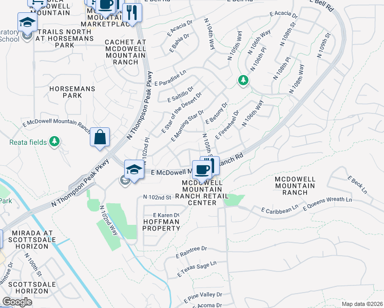 map of restaurants, bars, coffee shops, grocery stores, and more near 15669 North 104th Street in Scottsdale