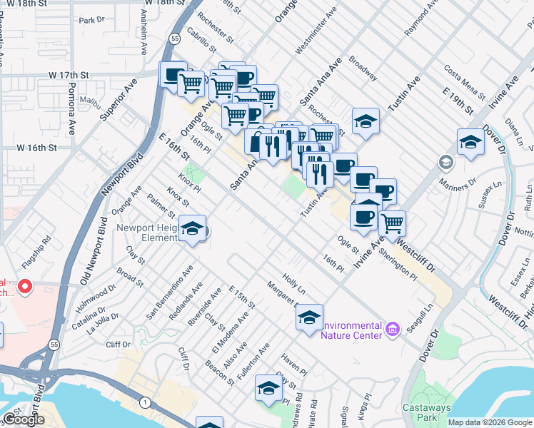 map of restaurants, bars, coffee shops, grocery stores, and more near 1602 Sea Horse Circle in Costa Mesa